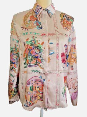 Equestrian Print 100% Silk Horse Head Scarf Blouse OOAK 40" Chest L/XL